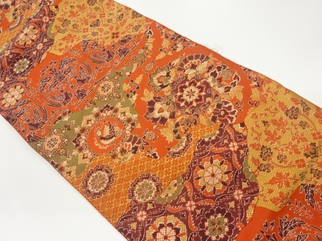 JAPANESE KIMONO / NAGOYA OBI / SILK / KIRIBAME STYLE / WOVEN FLORAL CREST & FLORAL ARABESQUE & BIRDS